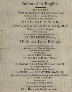 This is the transcription of the engraving on the original Wearmouth Bridge when it opened in 1796. Image courtesy of Sunderland  Public Libraries.