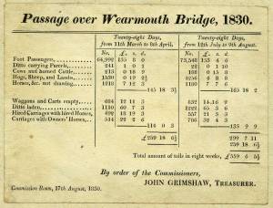 This document shows the amount of people using the bridge and how much they paid to cross in 1830. Image courtesy of Sunderland Public Libraries. 