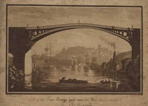 This is an illustration of the original bridge during its first year. Image courtesy of Sunderland Public Libraries.
